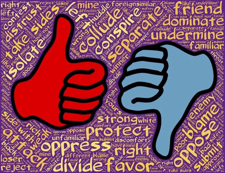 a thumbs up and a thumb up on a purple background, a cartoon, by Tom Carapic, pixabay, figurativism, facing each other, political art, words, brand colours are red and blue