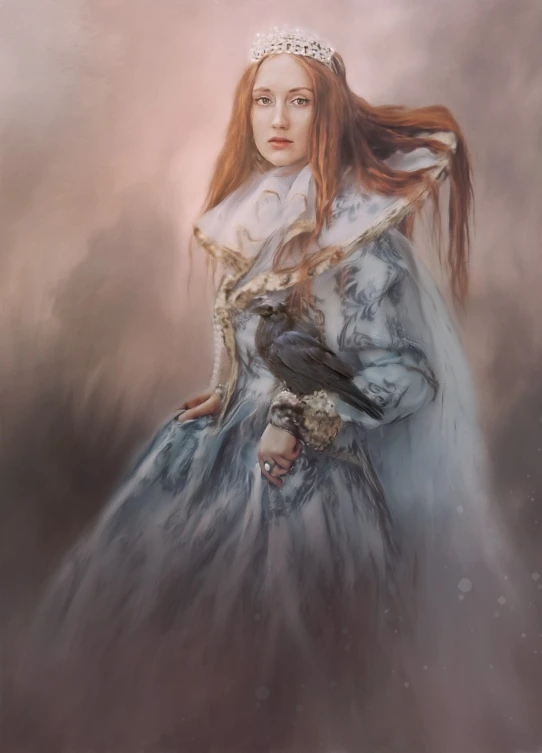 a painting of a woman with a bird in her hand, a portrait, Artstation, fantasy art, enveloped in ghosts, with long red hair, a full portrait of nordic female, victorian dress