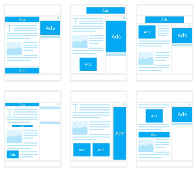 a series of screens displaying different types of ads, a wireframe diagram, white and blue color scheme, whole page illustration, 64x64, simplified forms