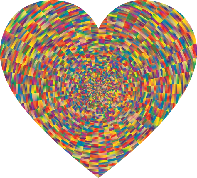 a multicolored heart on a black background, a mosaic, psychedelic art, high res, circular, no gradients, spiralling