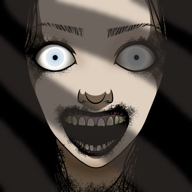 a close up of a person with a creepy smile on their face, a manga drawing, digital art, she is frightened, very scary photo
