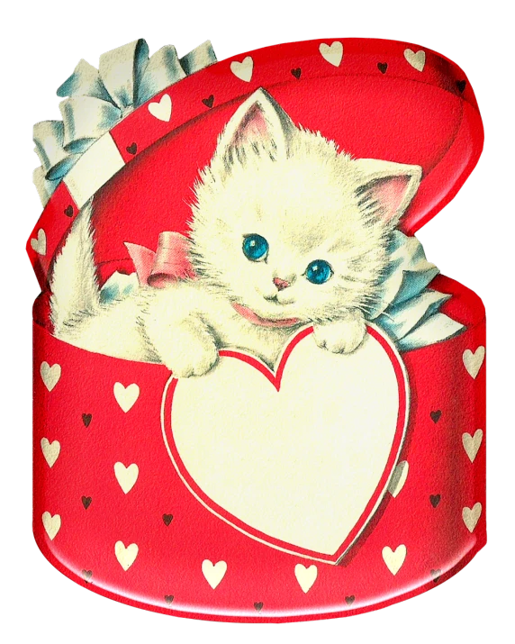 a close up of a box with a cat inside of it, by Valentine Hugo, heart, vintage - w 1 0 2 4, cute beautiful, scarlet