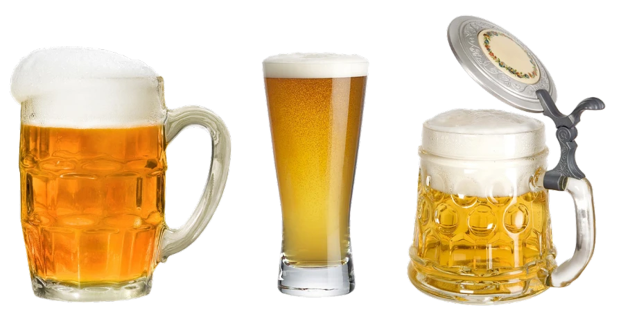 a couple of beer mugs sitting next to each other, a digital rendering, shutterstock, renaissance, three views, some pouring techniques, holding a mug of beer, with clear glass