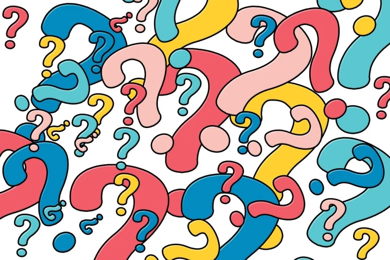 a lot of question marks on a white background, an illustration of, by Whitney Sherman, shutterstock, graffiti, coloring book style, summer color pattern, background image, vinyl