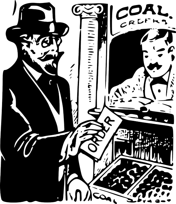 a black and white drawing of a man and a woman, a comic book panel, inspired by Charles Dana Gibson, pixabay contest winner, underground comix, cash register, 1920s picture, detail on scene, finnish cartoon