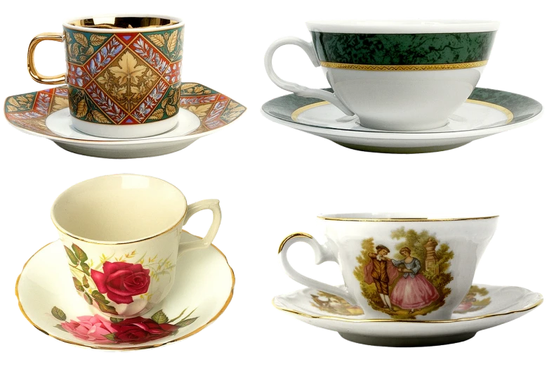 a set of four tea cups and saucers, digital art, by Scott Samuel Summers, flickr, montage, historic, 1080s, 240p