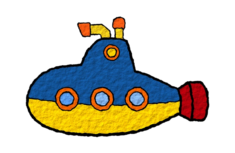 a drawing of a yellow submarine on a black background, by Tom Carapic, pixabay, crayon art, blue submarine no. 6, impasto, children\'s book drawing, panzer