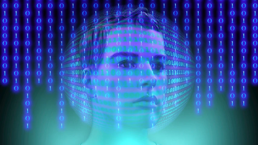 a close up of a person's face in front of a computer screen, digital art, binary, marketing photo, cybernetic body, face photo