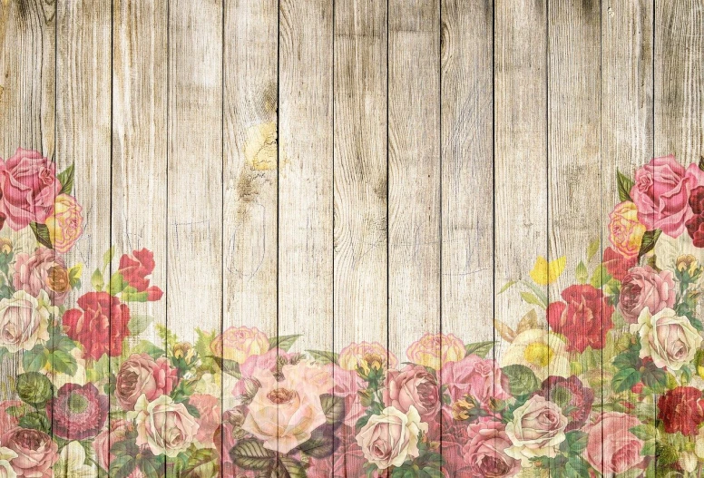 a wooden fence with a bunch of flowers painted on it, a stock photo, baroque, paper background, rose background, vintage color, white border and background