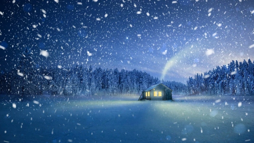 a house sitting in the middle of a snow covered field, shutterstock, magical realism, fireflies in the air, in an arctic forest, high quality image”, light inside the hut