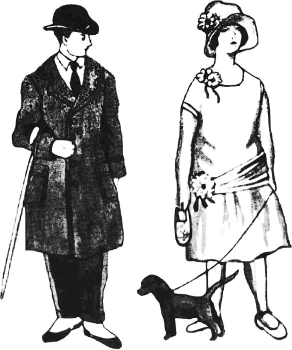 a black and white drawing of two people and a dog, a digital rendering, by Odhise Paskali, cg society, art nouveau, metal garments, giacometti, 1 9 2 0 cloth style, ( ( dithered ) )