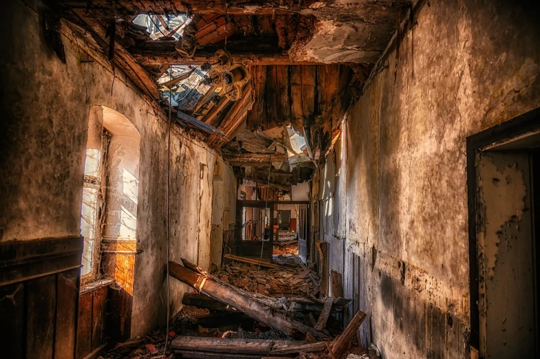 the inside of an old run down building, a portrait, by Bernardino Mei, shutterstock, nuclear aftermath, branching hallways, destroyed castle, morning golden hour
