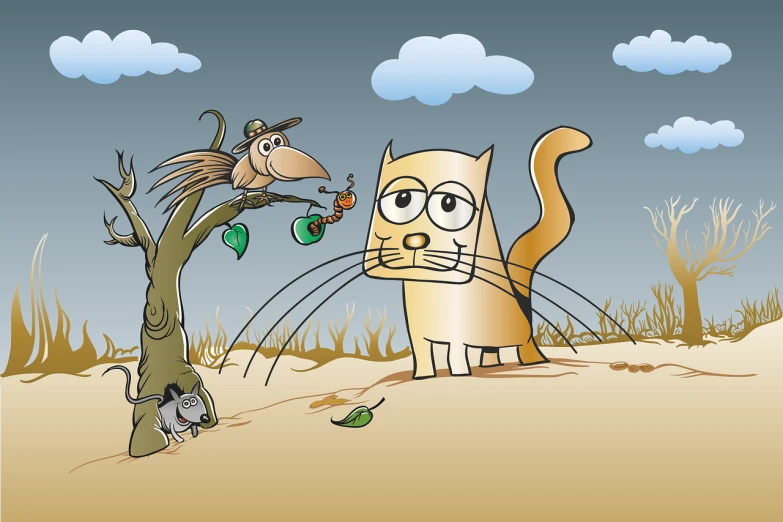 a cat that is standing next to a tree, an illustration of, by Warren Mahy, shutterstock, conceptual art, beware the jubjub bird, cell shaded cartoon, fishing, on the desert