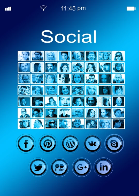 a set of social icons on a blue background, a photo, professional iphone photo, hundreds of them, face photo, very coherent image