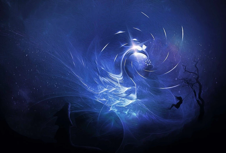 a computer generated image of a person on a skateboard, by Eugeniusz Zak, digital art, whirling blue smoke, artwork of a phoenix, waves and particles, the moonlit dance of the fae