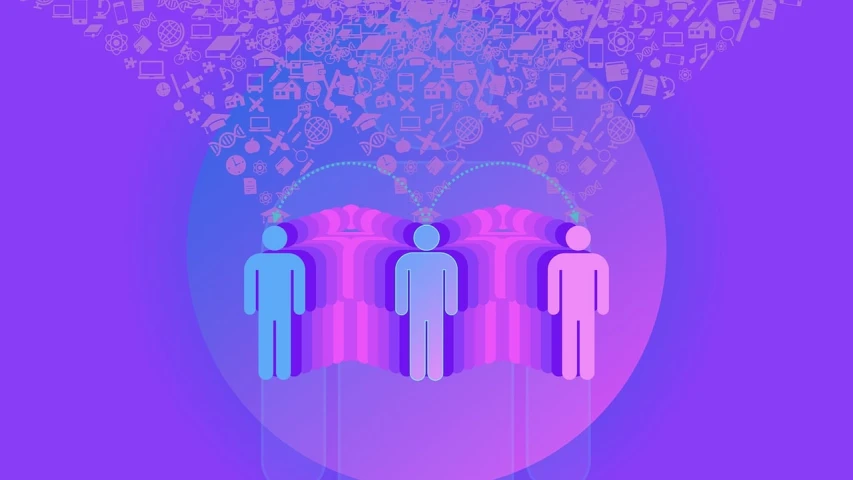a group of people standing next to each other, trending on pixabay, digital art, blue and violet color scheme, vector line - art style, open portal to another dimension, marketing game illustration