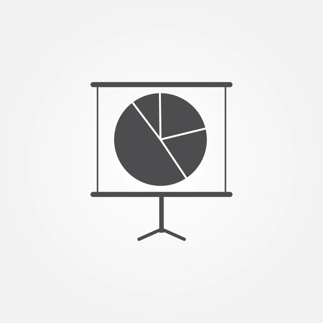 a presentation screen with a pie chart on it, a diagram, vector icon, black on white background, flat grey background, product photo