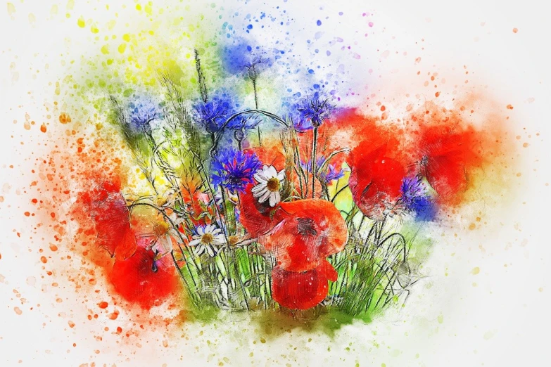 a watercolor painting of a bunch of flowers, by Mirko Rački, digital art, daisies and poppies, splashes of color, colorful sketch, over saturated colors