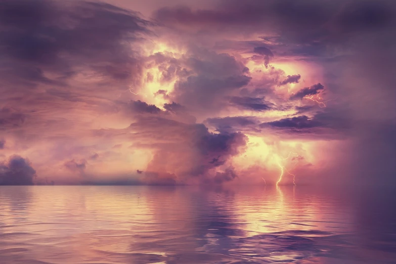 a large body of water under a cloudy sky, a stock photo, romanticism, pink lightning, hyper-detailed. studio lightning, soft purple glow, magical colours and atmosphere