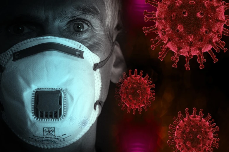 a close up of a person wearing a face mask, a photo, by Adam Marczyński, pixabay, digital art, poster of corona virus, old man doing with mask, rna bioweapon, istockphoto