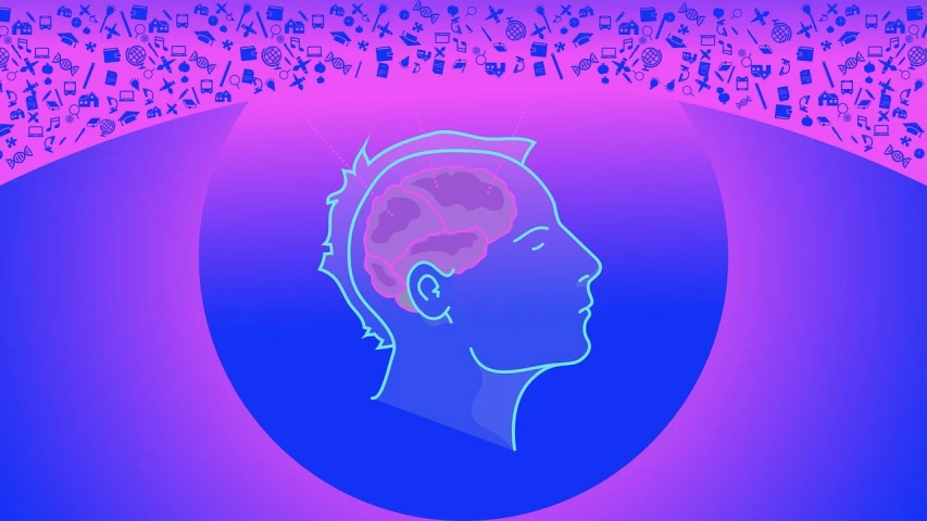 a silhouette of a person with a brain in their head, a digital rendering, by Julian Allen, background is purple, iconography background, mit technology review, no gradients