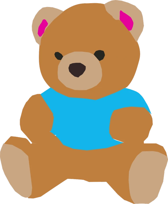 a brown teddy bear wearing a blue shirt, a digital rendering, by Taiyō Matsumoto, reddit, mingei, lineless, children\'s book drawing, with a black background, girls