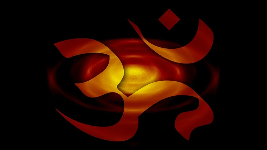 a red and yellow om symbol on a black background, a digital rendering, inspired by Kamāl ud-Dīn Behzād, flickr, digital art, overlaid with arabic text, spaghettification, closeup photo, shaded