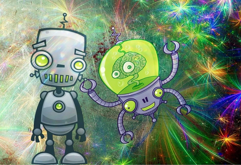 a couple of robots standing next to each other, deviantart contest winner, nuclear art, conjuring psychedelic background, grey matter and neurons, cute elaborate epic robot, green steampunk lasers