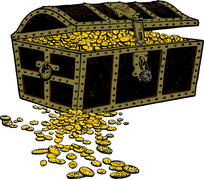 a chest filled with lots of gold coins, by Loren Munk, conceptual art, high contrast illustrations, ornate piracy, drip, cmyk