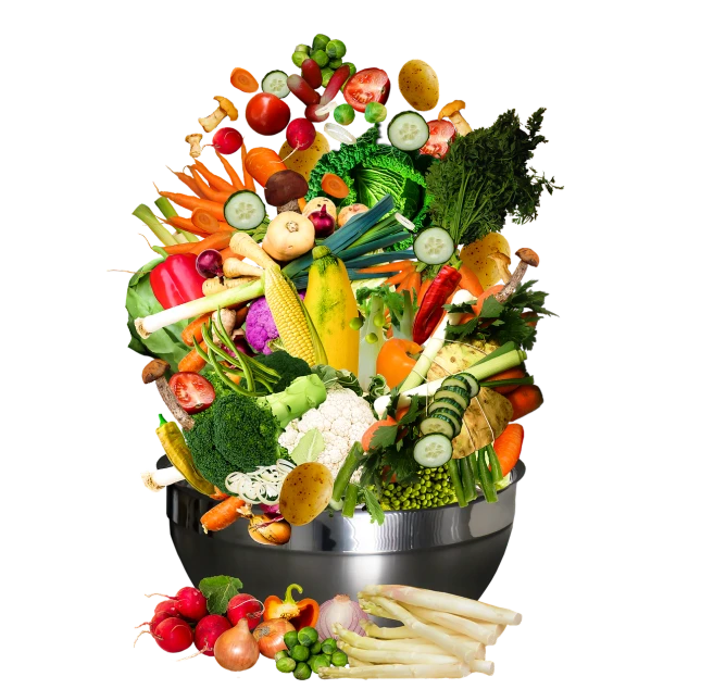 a bowl filled with lots of different types of vegetables, a digital rendering, renaissance, in front of a black background, very accurate photo, fisheye photo, buckethead