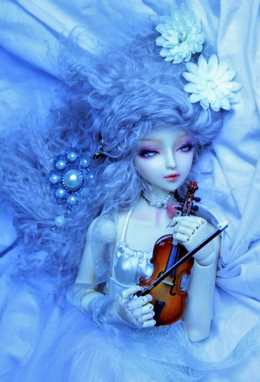 a close up of a doll with a violin, a picture, trending on cg society, cold blue colors, white curly hair, resting, avatar image