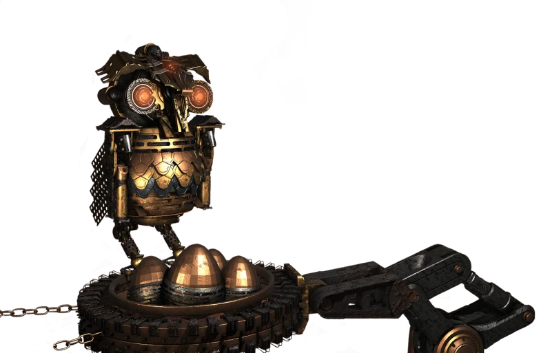 a clock sitting on top of a table next to a gun, polycount contest winner, auto-destructive art, fire golem creature, 8k octae render photo, steam punk style, robot duck concept portrait