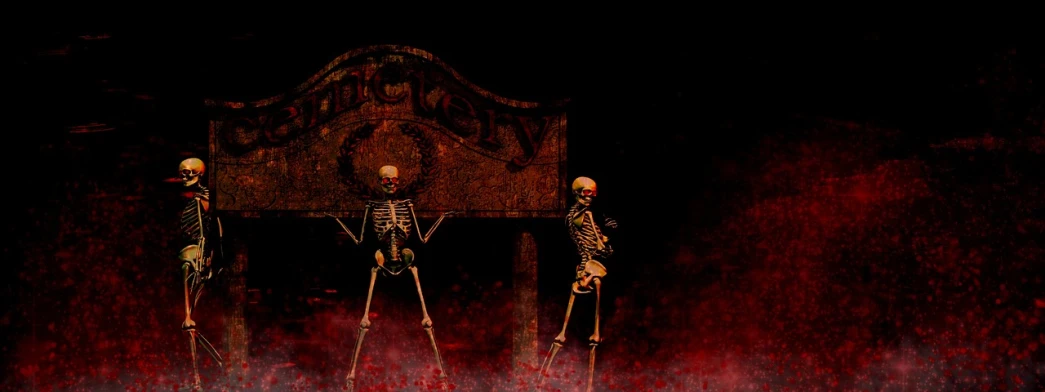 a couple of skeletons sitting on top of a bed, an album cover, by mckadesinsanity, featured on pixabay, valley of the damned background, 1 0 2 4 x 7 6 8, tavern background, wallpaper - 1 0 2 4