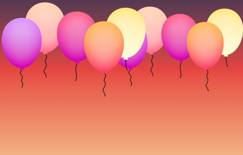 a group of balloons floating in the air, by Taiyō Matsumoto, gradient light red, birthday card, peach and goma style, ballroom background