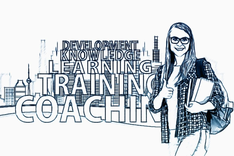 a drawing of a woman with a backpack, a digital rendering, graffiti, teaching, training, dlsr photo, ceo