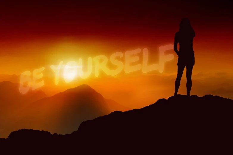 a silhouette of a woman standing on top of a mountain, a picture, trending on pixabay, happening, motivational poster, you have yourself a very fun, soft glow, header with logo
