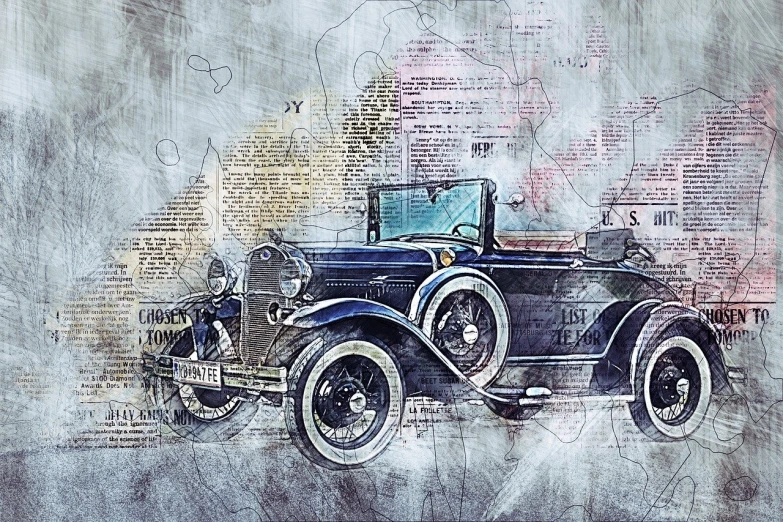 a drawing of an old car in front of a building, a digital painting, inspired by Otto Eckmann, trending on pixabay, art photography, newspaper collage, ford model t, convertible, smoke behind wheels