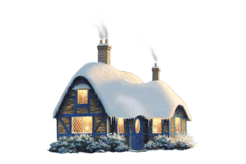 a house covered in snow with smoke coming out of the chimney, a digital rendering, flowery cottage, beatifully lit, without background, avatar image