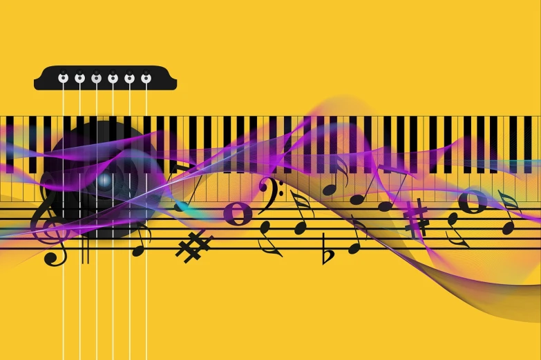 a guitar sitting on top of a piano keyboard, an illustration of, shutterstock, synthetism, yellow and purple color scheme, music notes, poster illustration, steamy