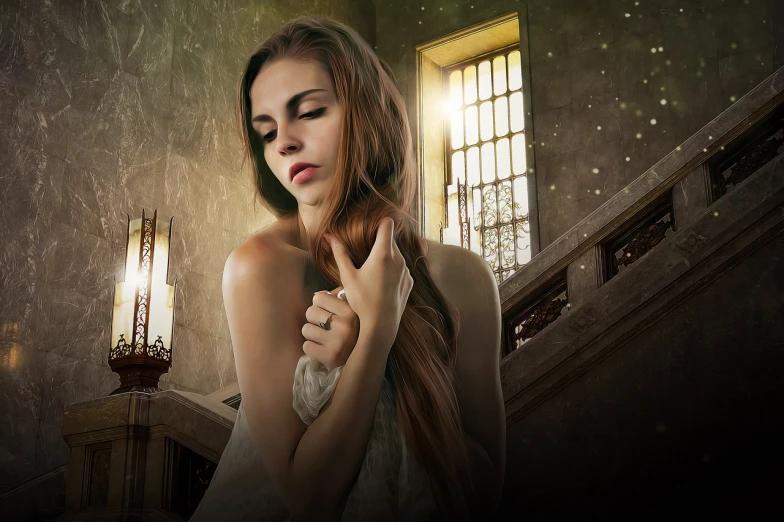 a beautiful young woman standing in front of a staircase, digital art, inspired by Bastien L. Deharme, pixabay contest winner, sitting in a castle, romance book cover style, glittering skin, ethereal hair