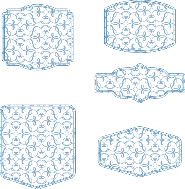 a set of four decorative labels on a black background, lineart, inspired by William Dobson, chinese blue and white porcelain, cloth simulation, screencapture, tileable