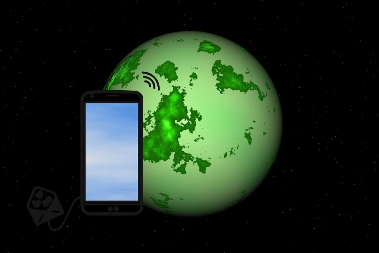 a cell phone sitting next to a green globe, an illustration of, space photo, an illustration, rendered illustration, radiation