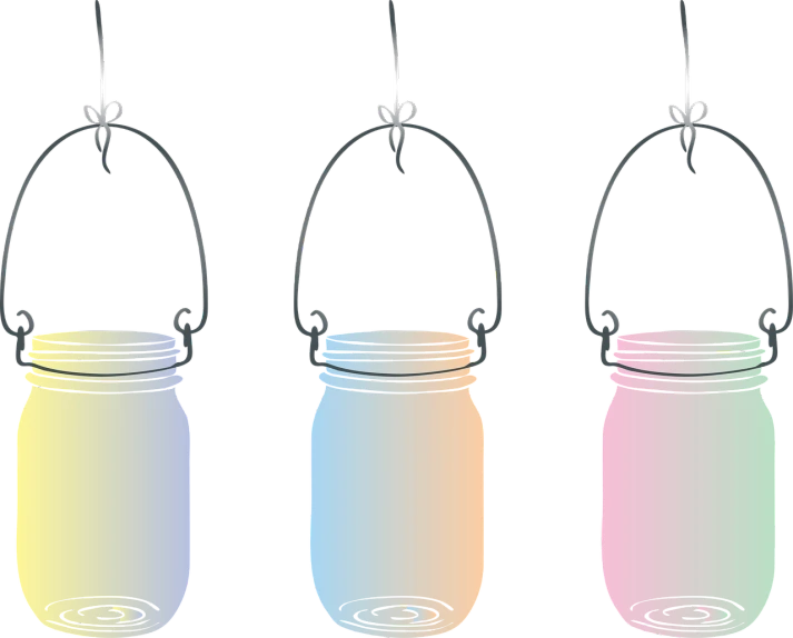 three mason jars hanging from a string, a digital rendering, pixabay, stardust gradient scheme, pastel palette silhouette, sconces, chalk