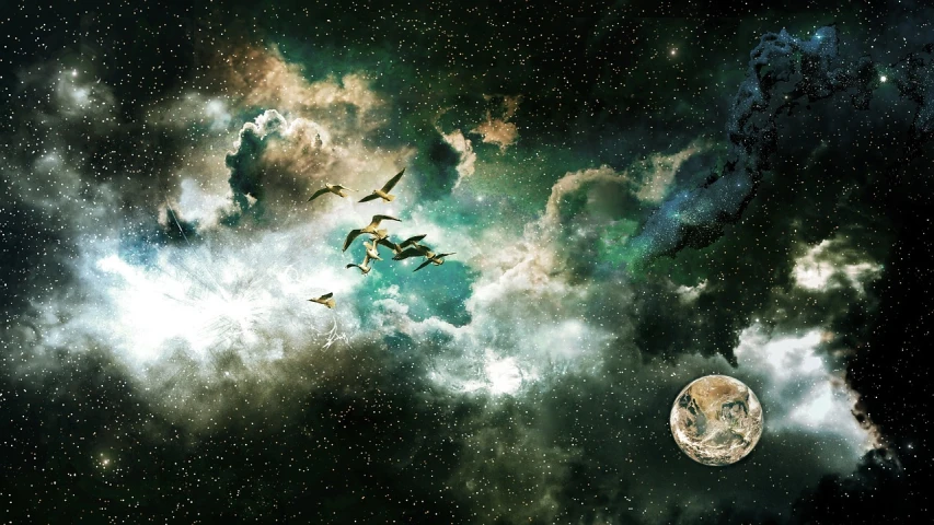 a group of birds that are flying in the sky, space art, alone in a nebula, green sky, to the moon, photo from space