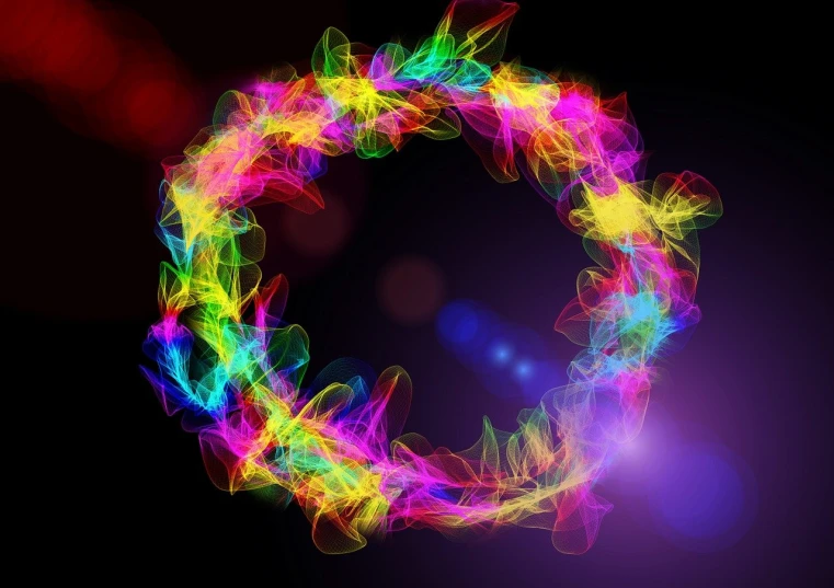 a circle of colored smoke on a black background, by Marie Bashkirtseff, generative art, bright neon solar flares, magic lightning ring, made with illustrator, colorful refracted sparkles