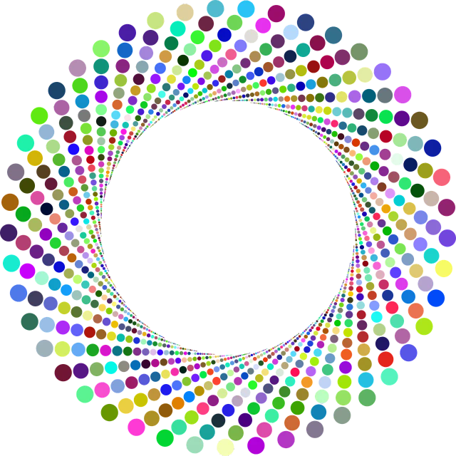 a circle of colored dots on a black background, a digital rendering, spiralling, fancy colors, no gradients, magic crystal bridge colorfully