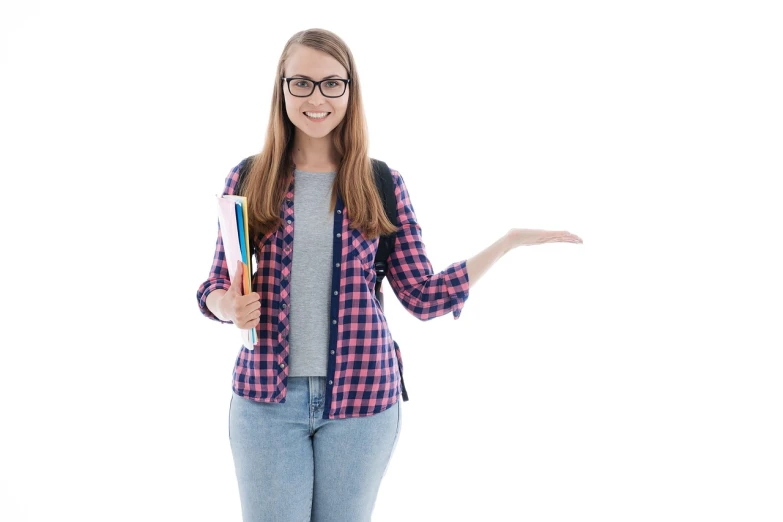 a woman that is holding some books in her hands, a stock photo, shutterstock, academic art, full view blank background, wearing a flannel shirt, wearing thin large round glasses, arms out