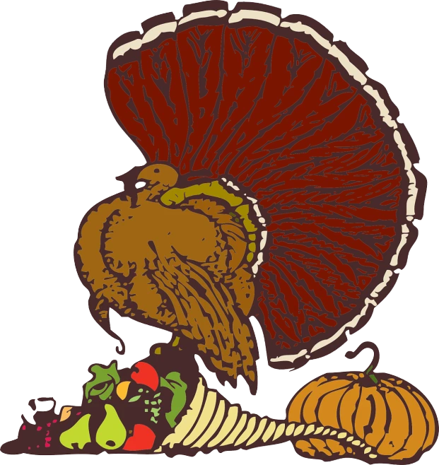 a turkey sitting on top of a pile of fruit, an illustration of, tail raised, elaborate illustration, pose 1 of 1 6, horn