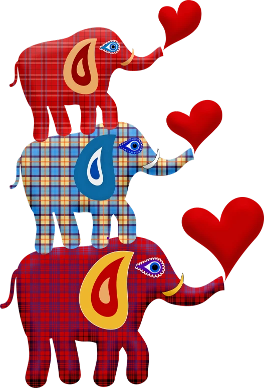 a couple of elephants standing on top of each other, a digital rendering, by Ingrida Kadaka, pop art, tartan garment, hearts, happy family, vectorart