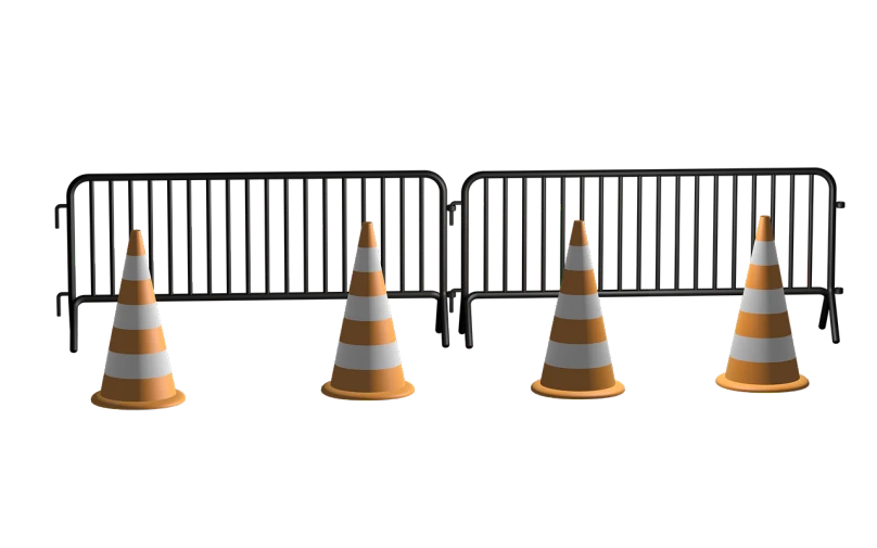 a group of orange and white traffic cones, a digital rendering, polycount, small fence, with a black background, scaffolding, hd —h 1024